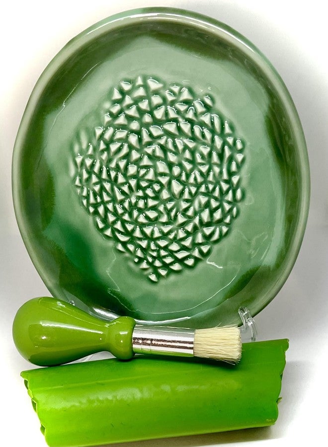 BonCera, All-in-one Premium Ceramic Garlic Grater Plate 4-Piece Set - Green Glazed Design and Style - For Garlic, Ginger, Chocolate, and more! - Comes with 5.25" Plate, Peeler, Brush, and Stand - Image 1